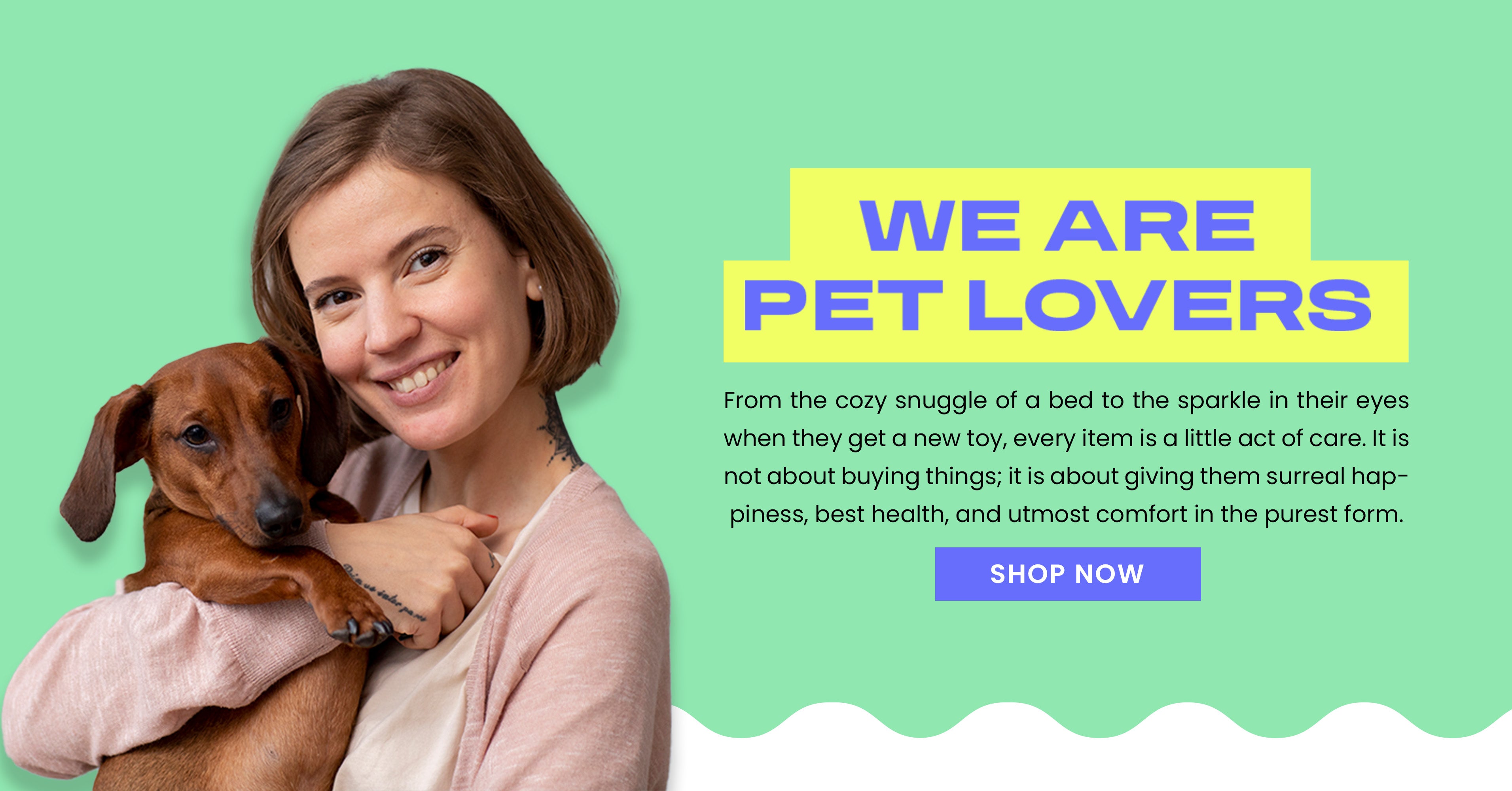Woman holding a dog with promotional text on a green background