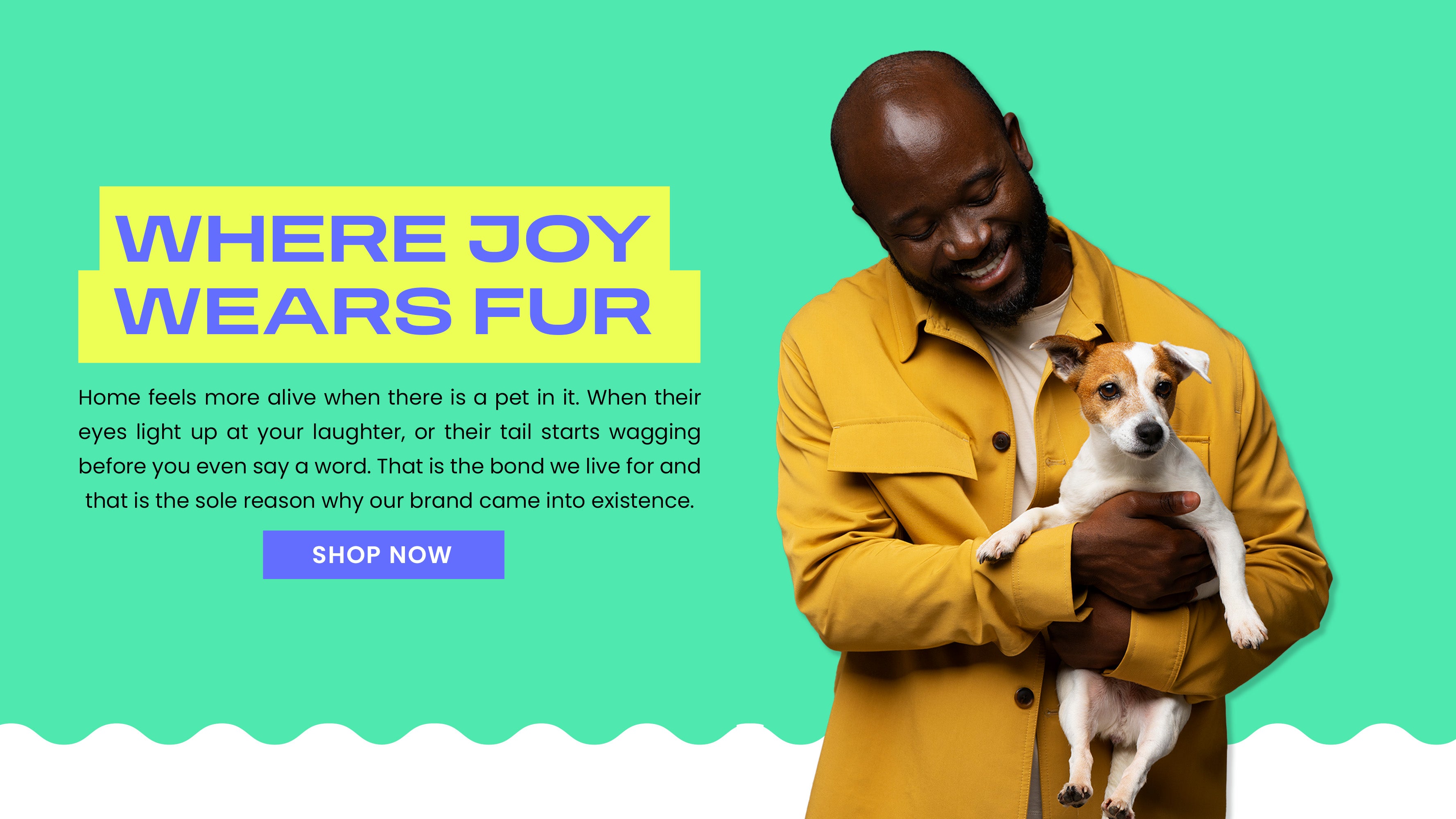 Man holding a dog with promotional text on a green background